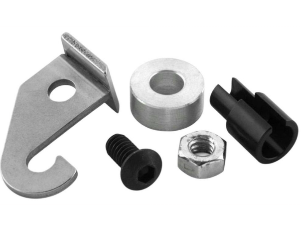 Set of mechanical parts including a metal bracket, washer, screw, and nut on a white background