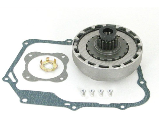 Mechanical assembly with gears and gaskets on a white background