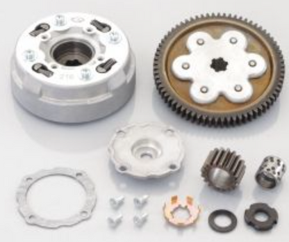 Mechanical components including gears and bearings on a white background