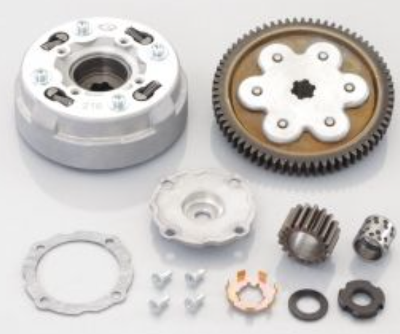 Mechanical components including gears and bearings on a white background