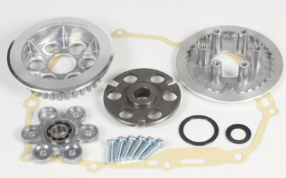 Mechanical parts including gears and bearings on a white background