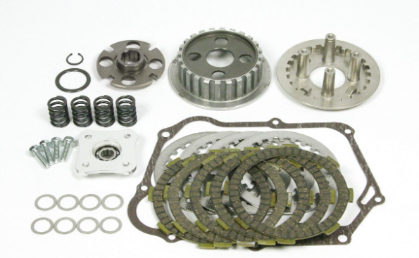 Clutch kit components including springs, washers, and metal parts on a white background