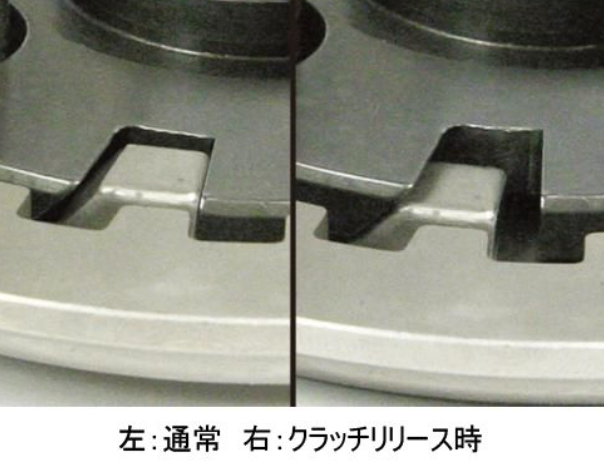 Comparison of two metal components labeled '通常' (left) and 'クラッチリリース時' (right) on a gray background.