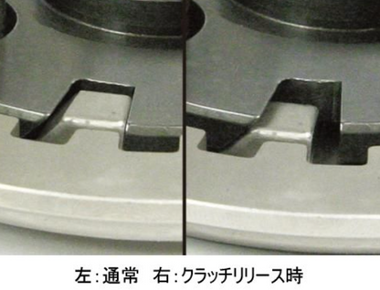 Comparison of two metal components labeled '通常' (left) and 'クラッチリリース時' (right) on a gray background.
