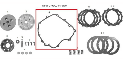 Set of mechanical components including gears and a gasket on a white background