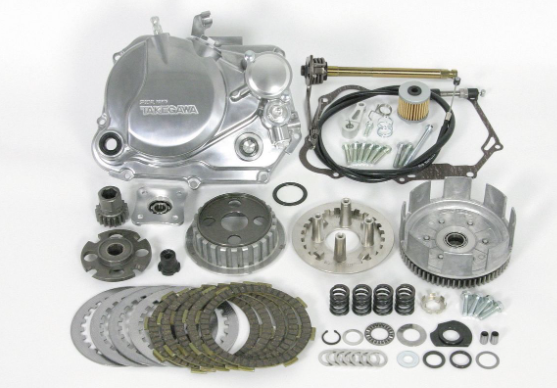 Motorcycle engine parts set on a white background