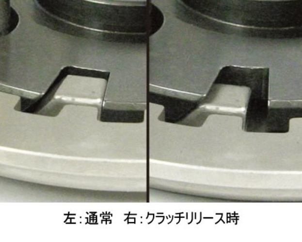 Close-up of metal components with text indicating 'Left: Normal, Right: With Scratch Release'.