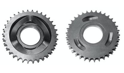 Two metal gears on a white background
