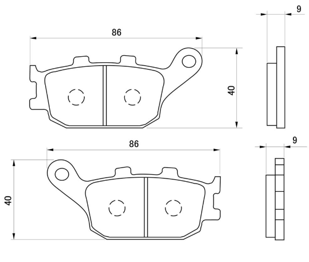 Technical drawing of brake pads with dimensions
