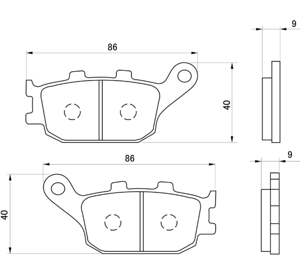 Technical drawing of brake pads with dimensions