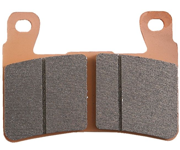 Pair of brake pads with a brown backing plate on a white background