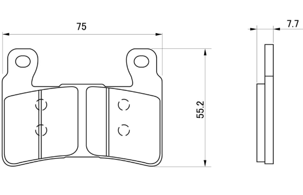 Technical drawing of a brake pad with dimensions labeled