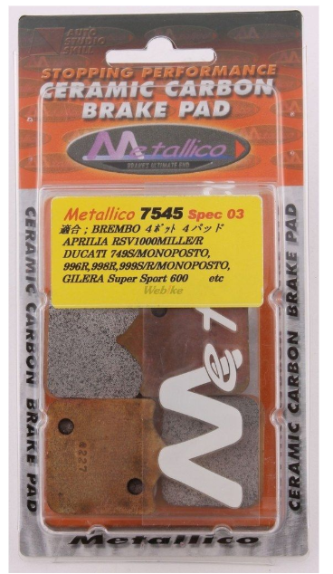Metallicco ceramic carbon brake pad packaging with branding and product details.
