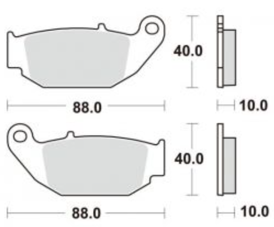 Brake pads with dimensions labeled on a white background
