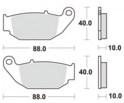 Brake pads with dimensions labeled on a white background
