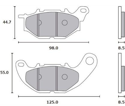 Technical drawing of brake pads with dimensions