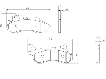 Technical drawing of brake pads with dimensions