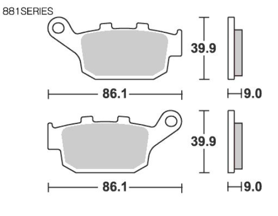 Technical drawing of brake pads with dimensions