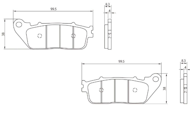 Technical drawing of brake pads with dimensions