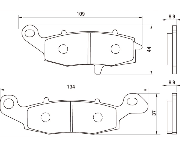 Technical drawing of brake pads with dimensions