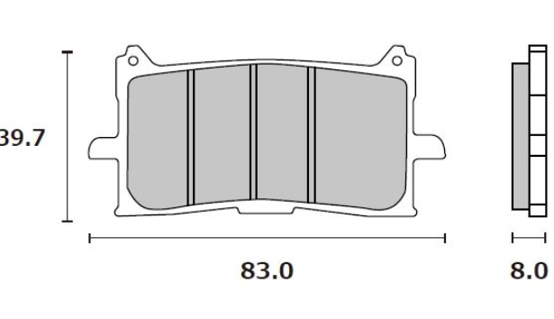 Technical drawing of a brake pad with dimensions