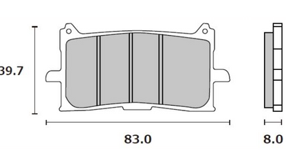 Technical drawing of a brake pad with dimensions