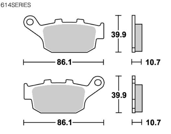 Technical drawing of brake pads with dimensions labeled
