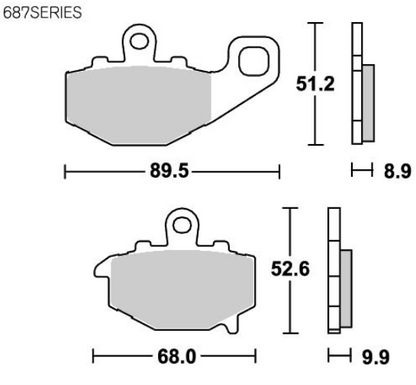 Technical drawing of brake pads with dimensions