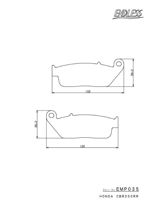 Technical drawing of brake pads with dimensions and 'Endless' branding on a white background.