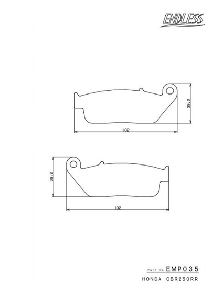 Technical drawing of brake pads with dimensions and 'Endless' branding on a white background.