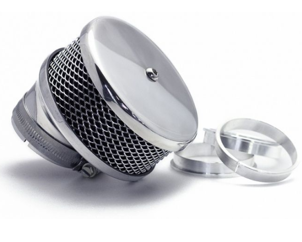 Chrome air filter and metal ring on a white background