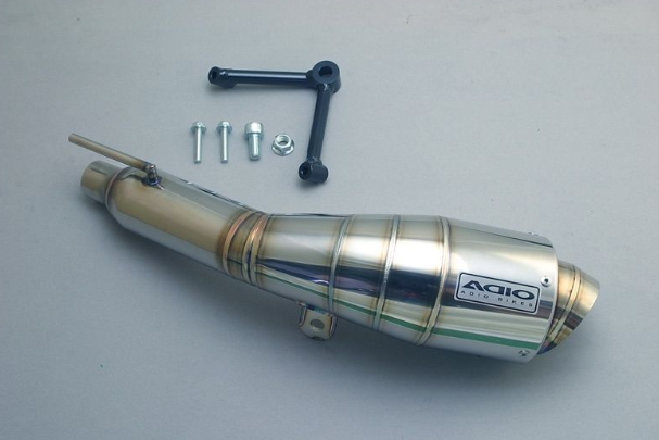 Motorcycle exhaust with Agio branding on a gray background