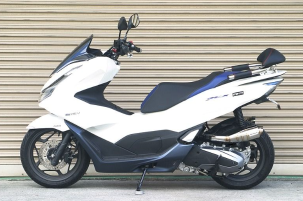 White and blue scooter parked in front of a metallic shutter.