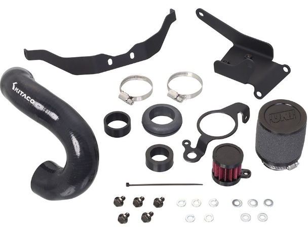 Collection of automotive parts including pipes, clamps, and filters on a white background