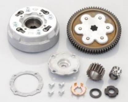 Mechanical components including gears and bearings on a white background
