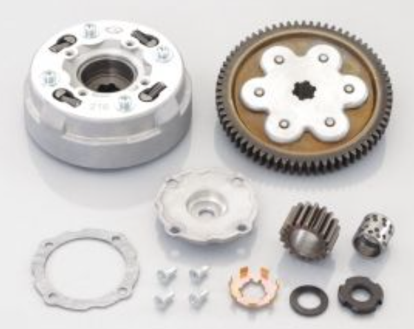 Mechanical components including gears and bearings on a white background
