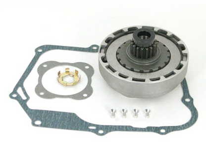 Mechanical parts including a gear and gasket on a white background