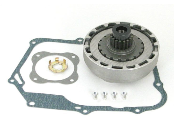Mechanical parts including a gear and gasket on a white background