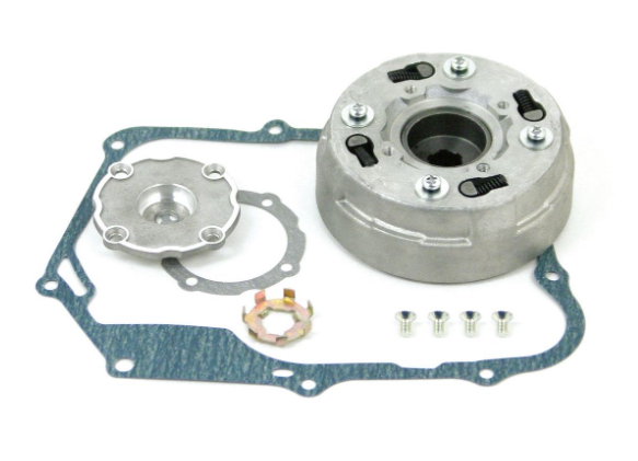 Mechanical parts including a clutch basket, gaskets, and bolts on a white background