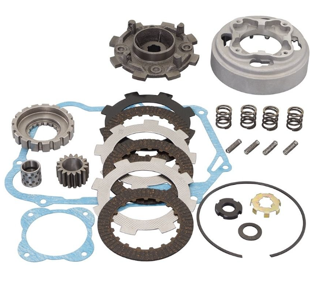 Mechanical clutch repair kit with various components on a white background