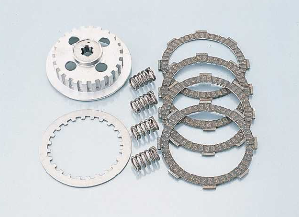 Mechanical components including gears and springs on a light blue background