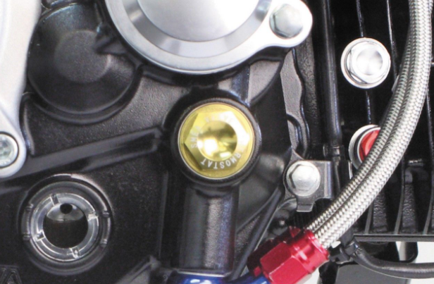 Close-up of a motorcycle engine with a gold cap and various components.