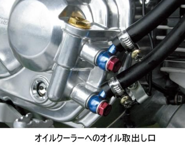 Close-up of a motorcycle oil system with visible components and labels.
