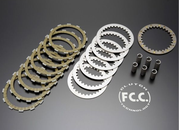 Clutch plates and springs with FCC logo on a gray background