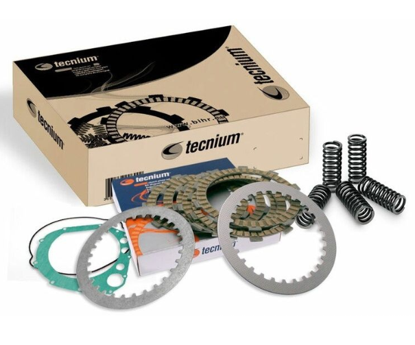 Tecnium branded box with motorcycle parts on a white background