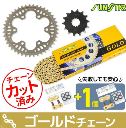 Motorcycle chain and sprocket set with SUNSTAR branding on a white background