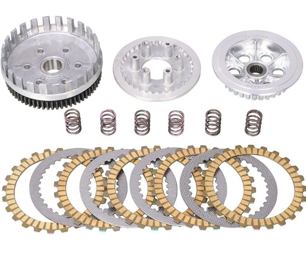 Clutch kit with multiple components including springs and gears on a white background