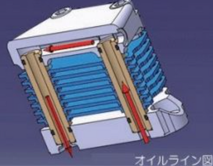 Technical diagram of a mechanical component with blue and red elements on a dark background