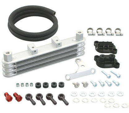 Oil cooler kit with various components on a white background