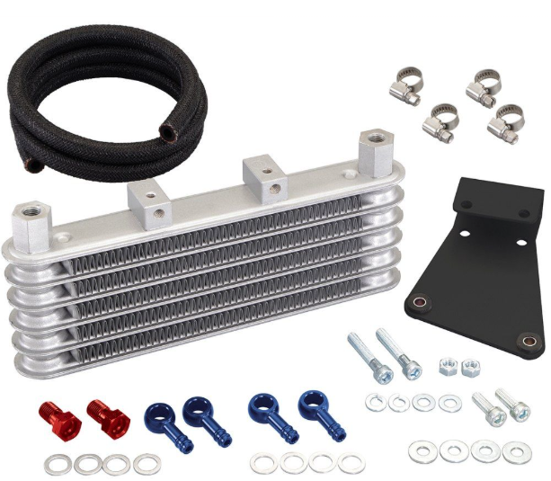Oil cooler kit with metal oil cooler, hoses, and mounting hardware on a white background